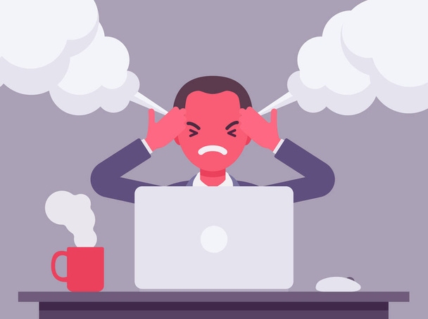 Businessman working with laptop steam coming out of ears, angry - Vector, Image