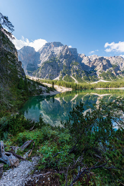 Lake Braies (Lago di Braies or Pragser Wildsee) and the Mountain peak of Croda del Becco or Seekofel, Dolomites, South Tyrol, Trentino-Alto Adige, Bolzano province, Italy, Europe. - Photo, Image