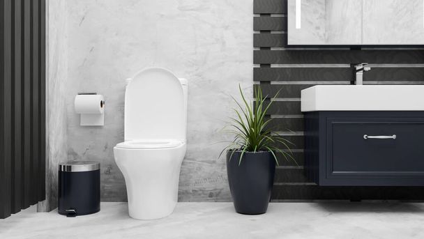 Κοντινό πλάνο, Μοντέρνα κομψότητα εσωτερικό μπάνιο με λεκάνη τουαλέτας, κεραμικό νιπτήρα, ντουλάπι, κάδο απορριμμάτων, χαρτί τουαλέτας, εσωτερική μονάδα στο μαρμάρινο δάπεδο και στον τοίχο σοφίτα, 3D rendering, 3D illustration - Φωτογραφία, εικόνα