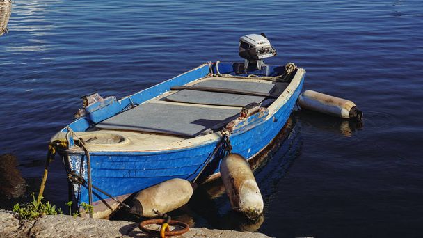 An old blue boat for sailing in the port of Chania, Crete - Photo, Image