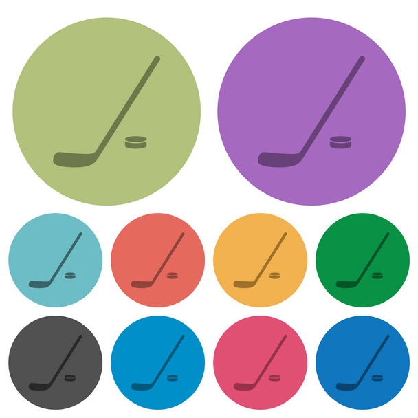 Palo de hockey e iconos planos más oscuros del disco sobre fondo redondo de color - Vector, imagen