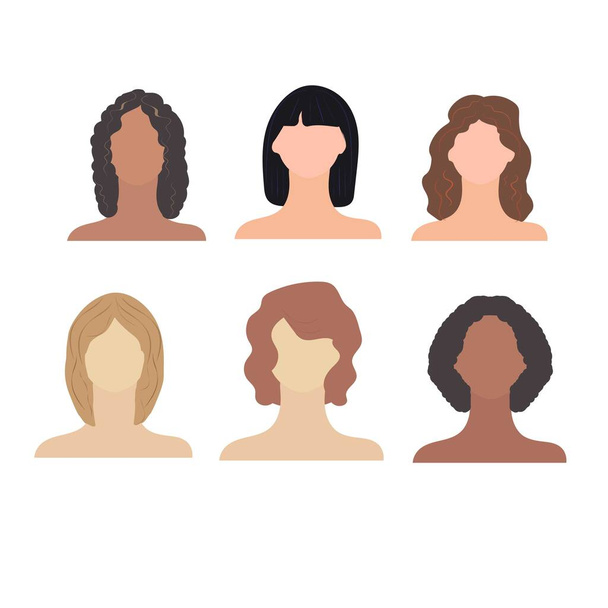 Набір жіночих аватарів. Багатонаціональний портрет дівчаток з різними зачісками та одягом, ізольований на білому тлі. Жіночі обличчя, загони для сайтів соціальних мереж Векторні ілюстрації
. - Вектор, зображення