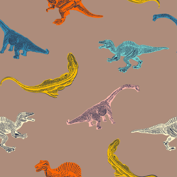 Set cartoon dinosaurus on seamless pattern isolated on brown background. Vector - Vector, imagen
