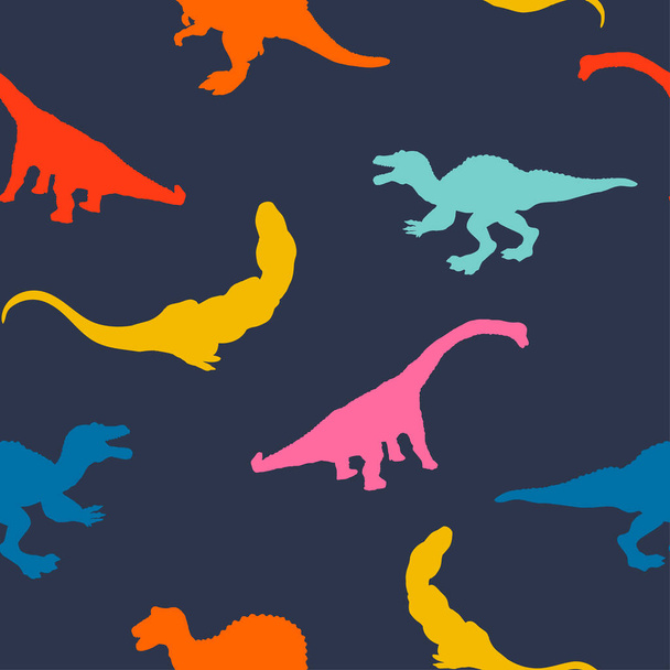 Set cartoon dinosaurus on seamless pattern isolated on dark blue background. Vector - Вектор,изображение