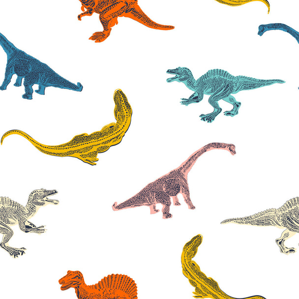 Set cartoon dinosaurus on seamless pattern isolated on white background. Vector - ベクター画像