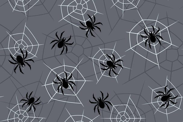spiders and cobwebs on gray background, seamless vector pattern - Vektori, kuva
