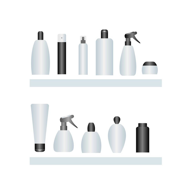 A set with tubes, vials, cans, sprayers on the shelves. Vector illustration with separate templates for cosmetics on a white background - Vector, Image