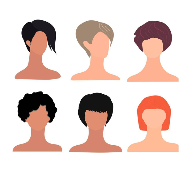 Auf weißem Hintergrund sind verschiedene Gesichter von Frauen mit Haarschnitt, Frisur und Haarfarbe hervorgehoben. Vektorillustration - Vektor, Bild