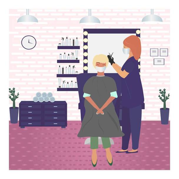 Vektorillusztráció egy álarcos és kesztyűs fodrászról, aki hajat ad egy nőnek egy szépségszalonban. Látogatás a borbélyüzletben egyéni védőfelszerelés használatával.  - Vektor, kép