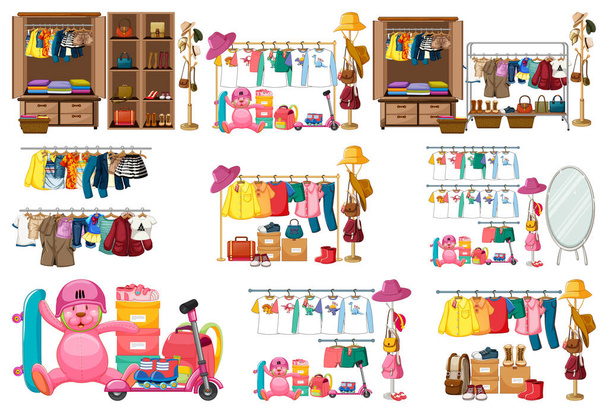 Conjunto de roupas, acessórios e guarda-roupa isolado em fundo branco ilustração - Vetor, Imagem