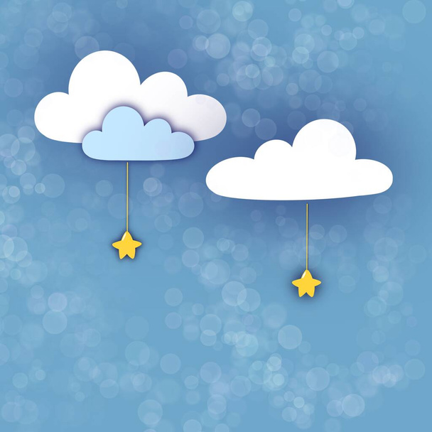 Blue background with evening sky. Clouds and stars illustration - 写真・画像
