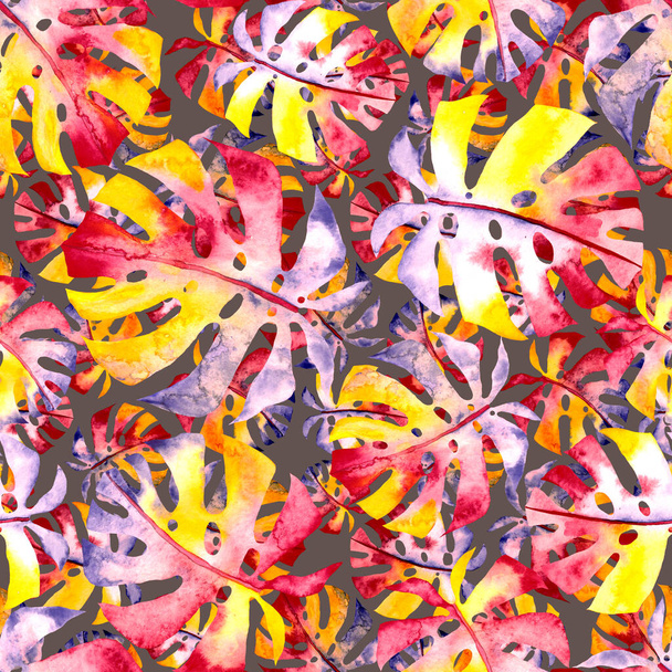 Akwarela bezszwowy wzór z kolorowymi abstrakcyjnymi liśćmi tropikalnymi. Jasny letni druk z egzotycznymi roślinami. Kreatywne modne botaniczne wzory tekstylne. - Zdjęcie, obraz