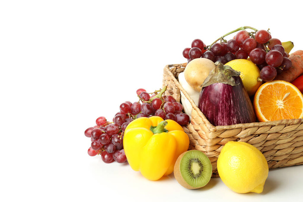 Basket with vegetables and fruits isolated on white background - Zdjęcie, obraz