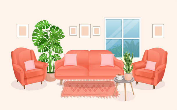 Nowoczesny salon z meblami i roślinami domowymi. Projekt przytulnego pokoju z sofą, fotelami, roślinami i elementami dekoracyjnymi. Wektor płaski styl ilustracji. pokój dzienny - Wektor, obraz