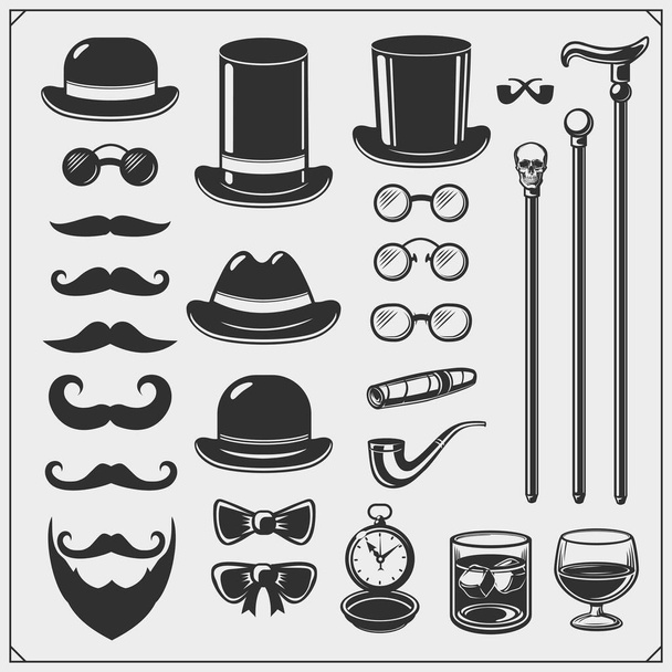 Gentlemen's Club. Set of emblems, icons of accessories. - Vector, Imagen