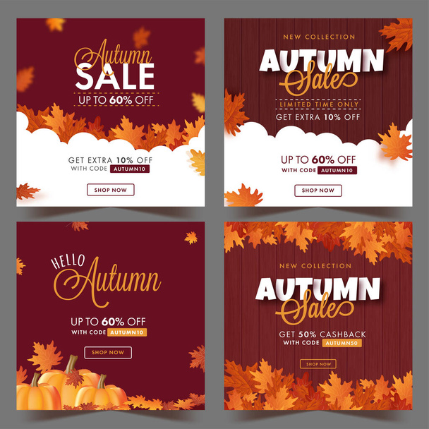 Autumn Sale Post Or Template Design Decorated With Maple Leaves In Four Options. - Vector, Imagen