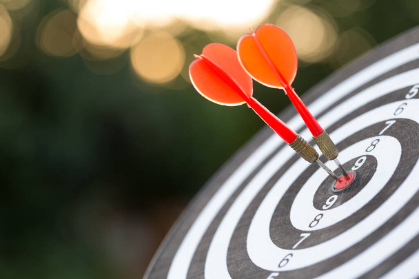 Red dart target arrow hitting on bullseye with,Target marketing and business success concept - Fotoğraf, Görsel