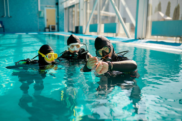 Instrutor e mergulhadores em aqualungs, lição de mergulho - Foto, Imagem