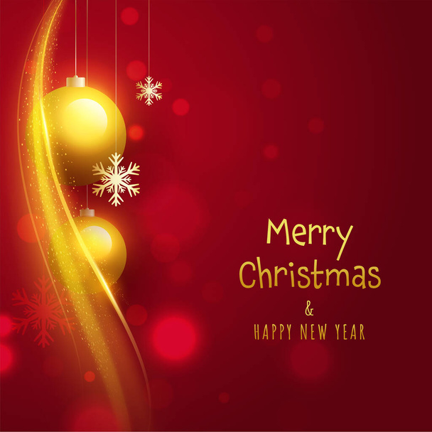 Merry Christmas And Happy New Year Concept With 3D Golden Baubles Hang, Snowflakes And Particles Wave On Red Background. - ベクター画像
