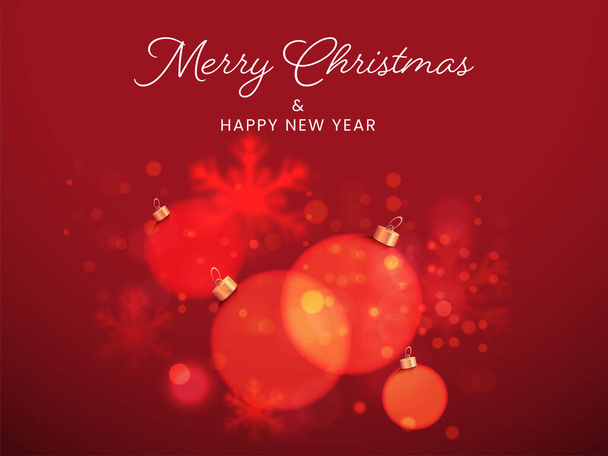 Merry Christmas And New Year Concept With Baubles, Blur Effect Snowflakes On Red Bokeh Background. - ベクター画像