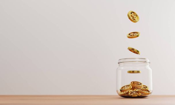 Monete in dollari USA che cadono in monete d'oro all'interno di un barattolo trasparente sul tavolo per gli investimenti e il risparmio finanziario concetto di deposito bancario di rendering 3d. - Foto, immagini