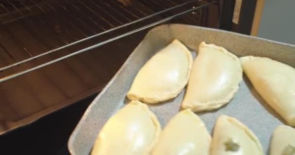 Die Calzoni, auch Panzerotti genannt, berühmtes italienisches Streetfood, zum Kochen in den Ofen stellen. - Filmmaterial, Video