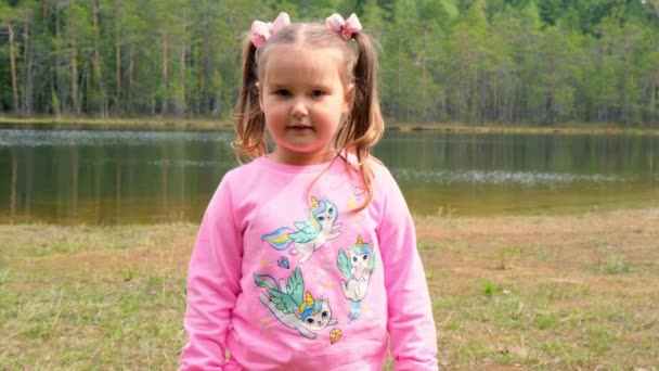 Retrato de una alegre niña de 3 años, vestida con una sudadera rosa con dos colas de caballo, jugando al aire libre en la naturaleza. Concepto de infancia feliz, desarrollo infantil - Metraje, vídeo