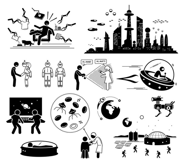 Future Futuristic World Science Fiction (en inglés). Ilustraciones vectoriales representan las tecnologías humanas y la escena en el futuro lejano. - Vector, Imagen