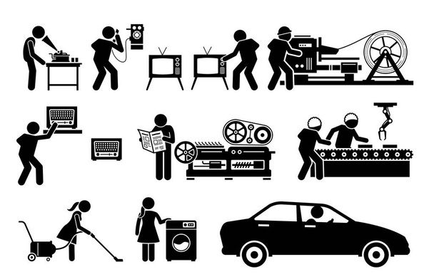 Modern History Machine Age Technologies. Vector illustrations depict phonograph record player, old telephone, TV, metal roller machine, high speed printing presses, radio, and factory assembly line. - Vector, Image