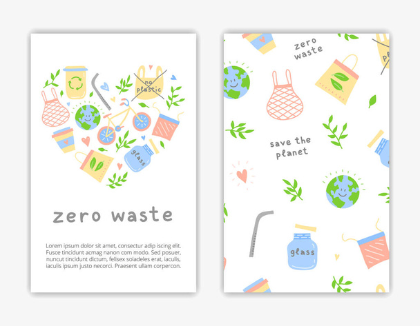 Card templates with doodle zero waste icons. Used clipping mask. - Διάνυσμα, εικόνα