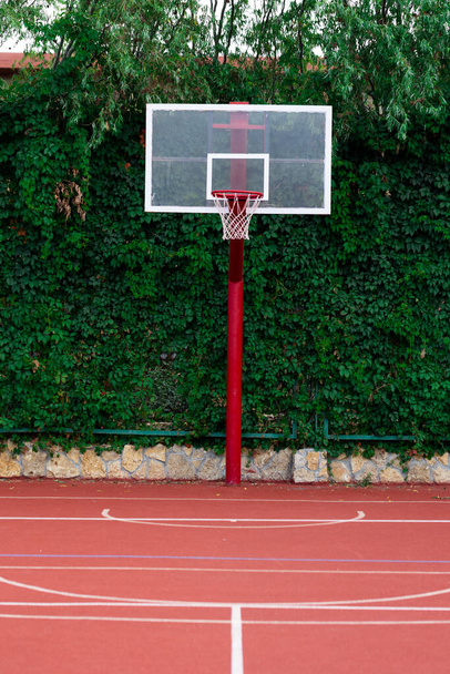 Cerceau de basket rouge avec filet avec fond de feuilles vertes. Concept sportif  - Photo, image