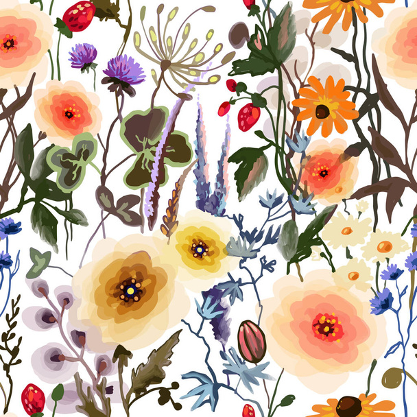 vector seamless pattern with watercolor wild flowers, meadow blooming, strawberry on isolated white background. Hand drawn floral botanical herbal texture, print. Vector illustration - Вектор, зображення