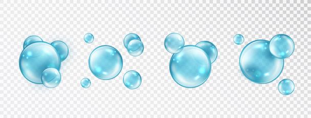 Blue Bubble Collection. Transparent soap or water bubbles. Realistic vector blue pure drops, water bubbles or glass balls template. - Vettoriali, immagini