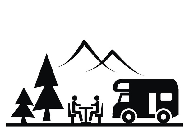 Camping, zona de descanso, gente en la mesa y caravana en la naturaleza, icono del vector - Vector, imagen