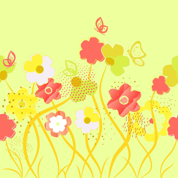 Horizontal border with flowers and butterflies. Seamless spring pattern. Beautiful abstract flowers from dots and dashes. Vector illustration, tropical print - Vector, Image