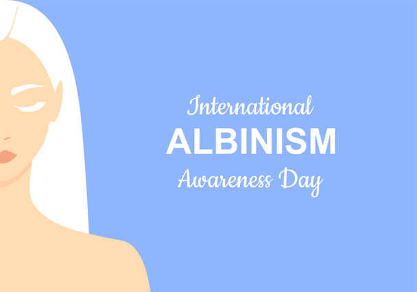 Belle femme albinos avec les yeux fermés sur un fond bleu doux. Journée internationale de sensibilisation à l'albinisme  - Vecteur, image