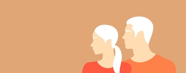 Профілі альбінової жінки і чоловіка на м'якому помаранчевому фоні з копіювальним простором
 - Вектор, зображення