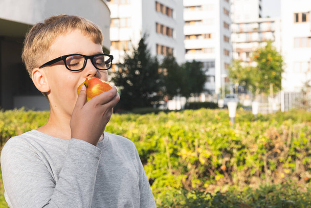 屋外で木製のベンチに座ってアップルを食べる眼鏡をかけた学校の少年. - 写真・画像