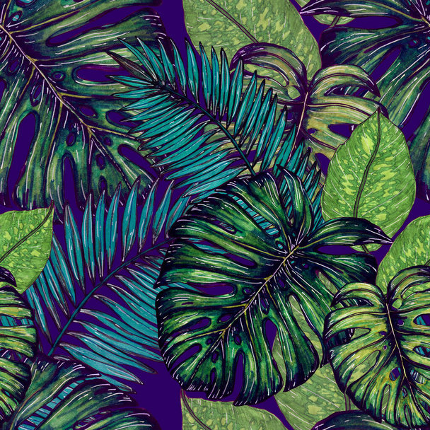 熱帯の葉と水彩シームレスパターン。手描きのエキゾチックな植物と美しいアロバープリント。水着植物デザイン. - 写真・画像