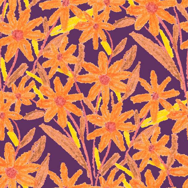Patrón creativo sin costuras con flores abstractas dibujadas con lápices de cera. Estampado floral de colores brillantes. - Foto, Imagen