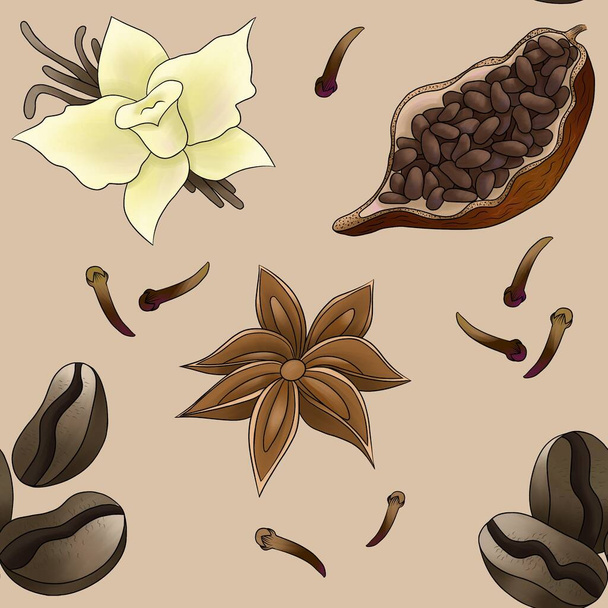 pattern seamless vanilla star anise cocoa coffee carnation on the beige background - Foto, Imagem