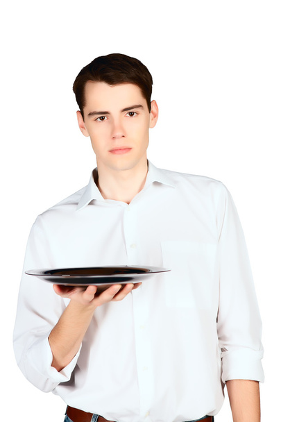 Young man with empty plate isolated on white background - Foto, immagini
