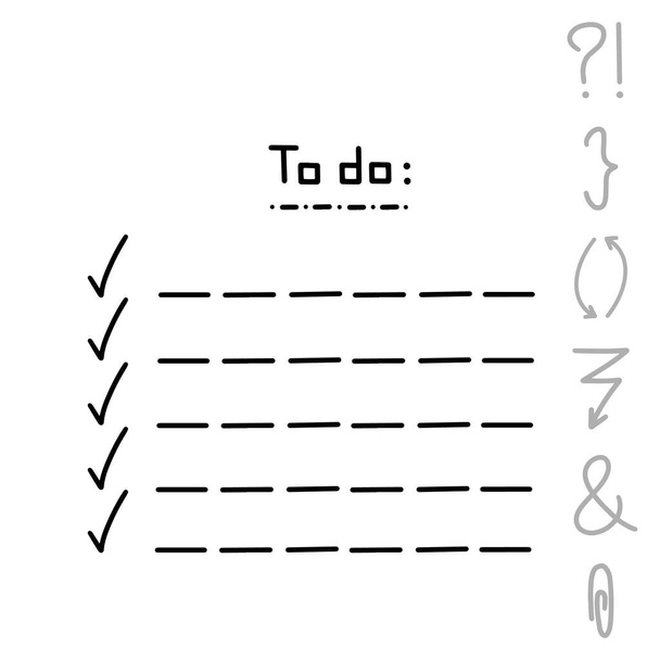 Χαριτωμένο χέρι που γράφτηκε για να κάνει λίστα γράμματα δρομέα διανυσματική απεικόνιση απομονωμένο σε λευκό φόντο. Μαύρο γεωμετρικό μοτίβο με ενισχυτή κλιπ ερώτηση σήμα βραχίονα βέλους για οργανωτή σημειωματάριο - Διάνυσμα, εικόνα