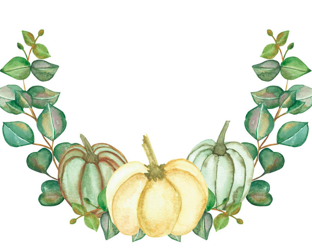 Watercolor hand painted nature autumn plant frame with yellow, green pumpkin and green eucalyptus leaves on branch wreath composition on the white background with space for text - Fotografie, Obrázek