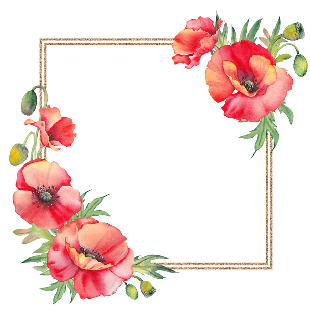 Square frame with red poppy flowers. Watercolor floral illustration. - Fotó, kép