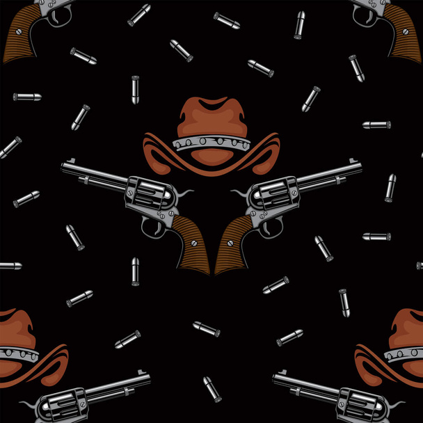 Seamless pattern with old revolvers, brown cowboy hats and scattered cartridges on a black backdrop. Vector background. Suitable for wallpaper, wrapping paper, fabric, graphic print for clothing - Vecteur, image