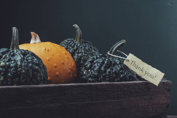 Thanksgiving day. Pumpkin with an inscription thank you on a wooden background. High quality photo - Photo, Image