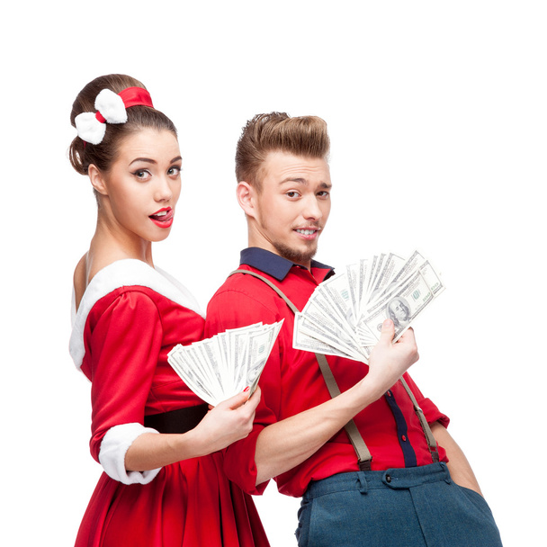 young retro couple holding money - Zdjęcie, obraz