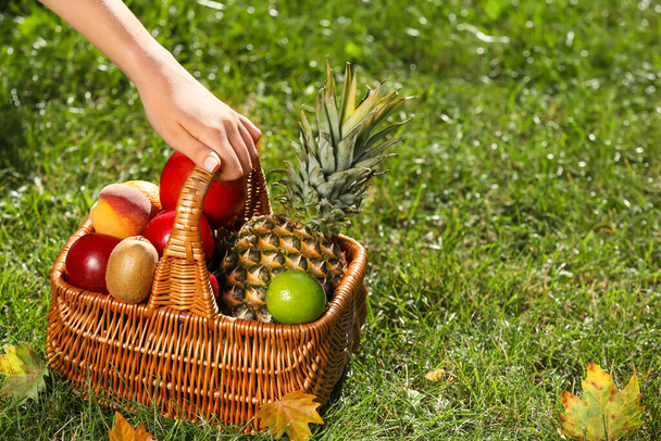 Woman holding wicker basket with fresh fruits on grass, closeup - Foto, Imagem