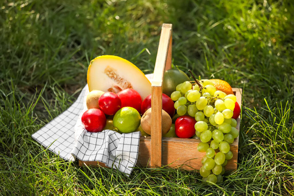 Basket with fresh fruits on grass - Photo, Image